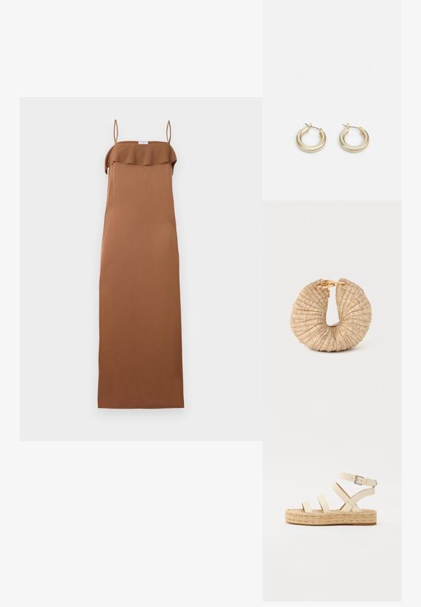 Filippa K FLUID DRAPED STRAP DRESS - Cocktailjurk - light brow; Lichtbeige leren espadrille sandaal met vier kruisbanden en een enkelgesp, voorzien van een geweven jute platformzool en een platte rubberen onderkant.; Cult Gaia UBAH - Clutch - wheat; Lauren Ralph Lauren BASIC SMALL HOOP - Oorbellen - gold-coloured