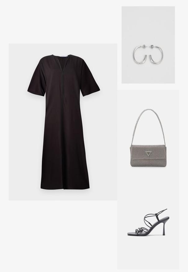 Vestido preto com mangas curtas, apresentando um fecho de correr frontal e uma silhueta simples e reta. Feito de um tecido leve e suave.; As sandálias de salto alto pretas apresentam tiras finas com um design em nó, uma biqueira quadrada lisa e um elegante salto agulha.; Bolsa metálica cinza claro com uma alça de corrente, adornada com pequenos rebites metálicos circulares e um logótipo triangular da marca.; Brincos de argola prateados com um acabamento suave e brilhante. Forma arredondada, design leve, com fecho de pino.