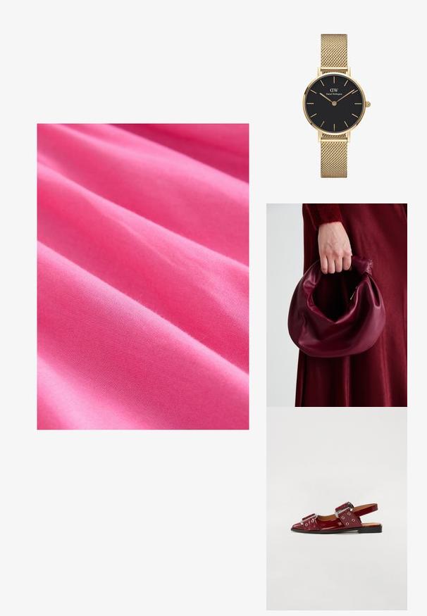 Erguline roosa kangas, millel on sile tekstuur, pehmed voldid ja ühtlane kudumismuster. Paks ja veidi veniv materjal.; Burgundia patendiga nahast slingback-kingad terava nina ja kahe reguleeritava pandlaga rihmaga, millel on hõbedased detailid.; Burgundia värvi nahk käekott, millel on pehme, kokku tõmmatav disain ja ümar kuju. Käepide on kindlalt kinnitatud, näidates siledaid pindu.; Kuldne võrksidemega kell musta ümmarguse detailsusega, minimalistlikud indeksid ja hõbe kroon; 12. tunni positsioonil on logo.