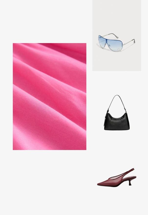 Svetlo roza tkanina z gladko teksturo, ki ima mehke gube in dosledno tkanje. Debel in rahlo raztegljiv material.; Burgundske slingback čevlje s koničastim nosom in mrežastim zgornjim delom. Imajo tanek peto in obliko z izrezom, kar zagotavlja eleganten izgled.; Pilotne sončne očala z gradijentnimi modrimi lečami, srebrnim kovinskim okvirjem in okrasnimi zvezdastimi detajli na lečah. Gladek in eleganten dizajn.; Črna sintetična usnjena torbica s ukrivljeno obliko, kratko ročico, zapiranjem na zadrgo in subtilnim teksturiranim vzorcem na površini.