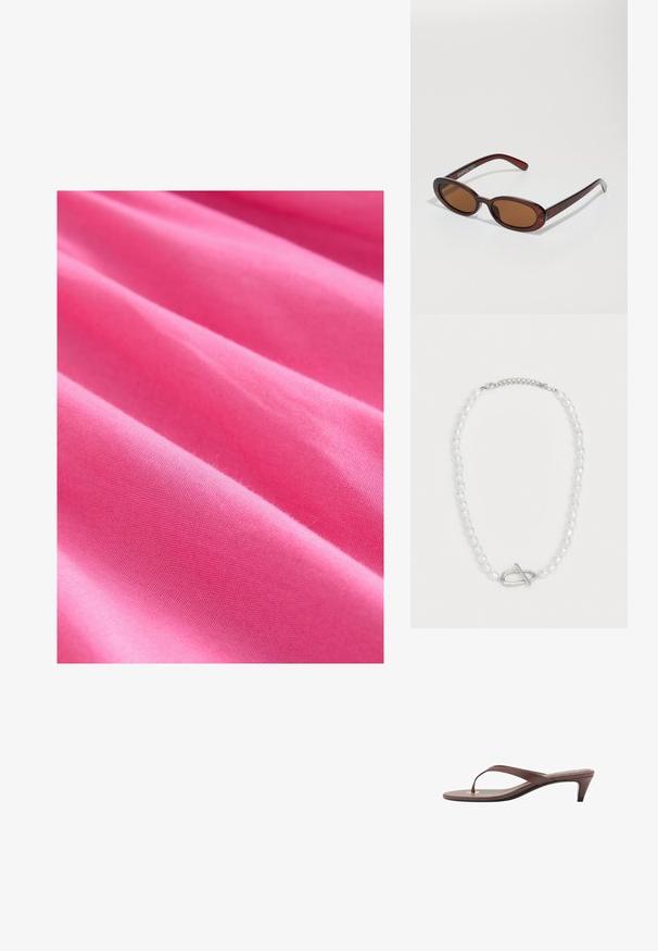 Hellrosa Stoff mit glatter Textur, der sanfte Falten und ein gleichmäßiges Webmuster aufweist. Dickes und leicht dehnbares Material.; Braune, mit Absatz versehene Flip-Flop-Sandale mit einem schmalen Riemen und abgerundetem Zehensteg, der ein kleines goldfarbenes Akzent auf dem Fußbett aufweist.; Runde, braun getönte Sonnenbrillen mit einem glänzenden burgunderfarbenen Rahmen. Schlanke Bügel mit dezentem Branding. Flaches Linsendesign.; Weiße Perlenkette mit unterschiedlichen Formen und Größen, ausgestattet mit einem silbernen Toggle-Verschluss. Glatte Textur mit glänzender Oberfläche.