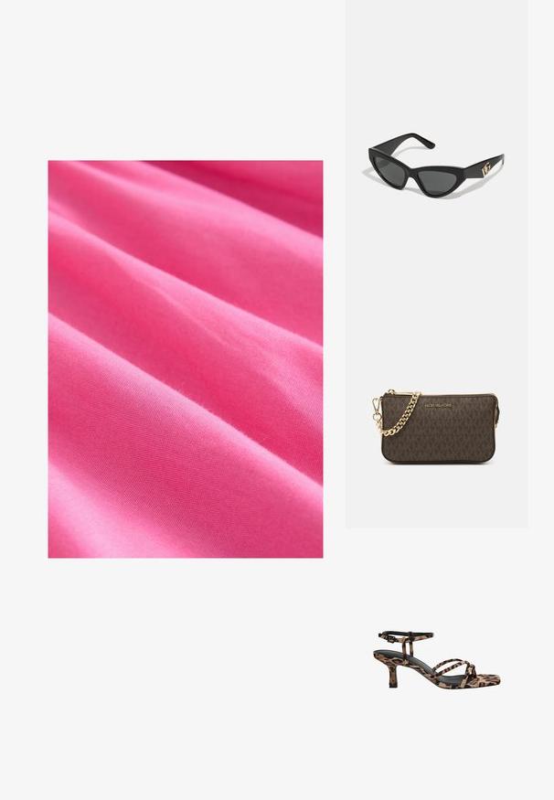 Svijetlo ružičasta tkanina s glatkom teksturom, koja ima meke nabore i dosljedan uzorak tkanja. Debeli i malo elastični materijal.; Sandal na visokoj peti s leopard uzorkom, kvadratnim vrhom, višestrukim trakama i srednjom petom. Napravljen od mekanog tekstilnog materijala.; Naočale u obliku mačjih očiju s okvirom od mat crne plastike, tamnim lećama i zlatnim logotipom na sljepočnici. Kutni dizajn i glatka tekstura.; Smeđa kožna torba preko ramena s uzorkom loga, zlatna lanac trakica, zatvaranje na patentni zatvarač i zlatni metalni detalji. Kompaktna i pravokutna forma.