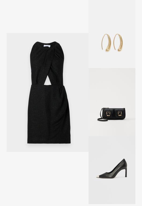 Černé šaty s propleteným výstřihem, výřezem v pase a strukturovanou tkaninou s jemným leskem. Jednoduchý, přiléhavý silueta.; Černá kožená lodička na vysokém podpatku s špičatou špičkou a stříbrnou kovovou špičkou. Má hladký povrch a štíhlý 10cm podpatek.; Černá kožená crossbody taška se dvěma předními kapsami, zlatými přezkami, zipovým uzávěrem a štíhlým popruhem. Texturovaný povrch a kompaktní obdélníkový tvar.; Náušnice ve tvaru kruhu z pozlaceného kovu s vroubkovaným, prodlouženým tvarem. Mají hladký, lesklý povrch a zaoblený konec pro zvýraznění detailu.