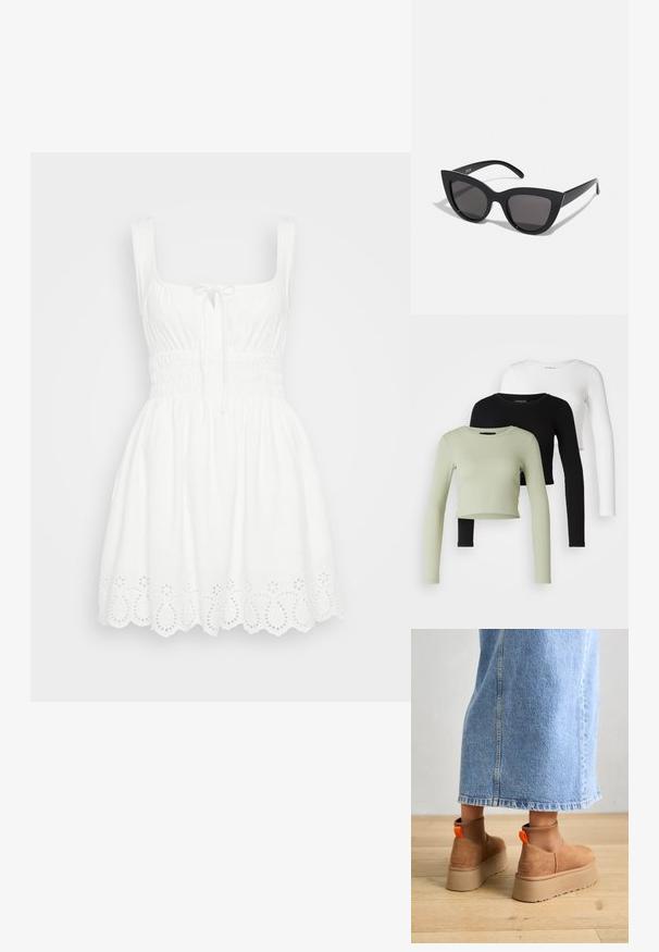 Bijela haljina bez rukava s kvadratnim dekolteom, nabranim korzetom i rubom s valovitim izrezom. Izrađena od lagane tkanine.; Even&Odd Petite 3 PACK - Top dugih rukava - black/white/light green; Smeđe suede platform čizme s elastičnim bočnim panelima i narančastim vučnim trakama, uparenim s suknjom od svijetlog denima do koljena na drvenom podu.; Crne mačkaste sunčane naočale s mat završnom obradom, sivo obojeni leće, oštri kutovi i elegantne bočne ručke. Ime brenda vidljivo na unutrašnjoj strani ručke.