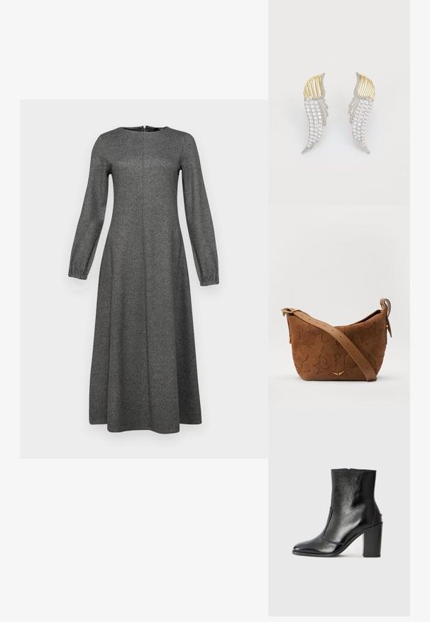 WEEKEND MaxMara WILMA - Freizeitkleid - grigio medio; Schwarze Leder-Stiefelette mit glatter Textur, spitzem Fuß und klobigem hohen Absatz. Verfügt über eine seitliche Öffnung und ein minimalistisches Design.; Braune Wildleder-Schultertasche mit geprägtem floralen Design, ergänzt durch einen glatten braunen Ledertrageriemen und goldfarbenen Hardware-Akzenten.; Zwei flügelartige Ohrringe aus silberfarbigem Metall mit klaren, rund facettierten Strasssteinen und goldfarbenen Metallakzenten in einem geschichteten Design.