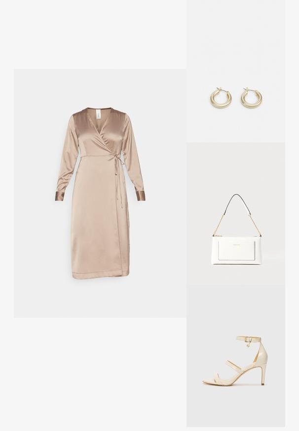 Rochie înfășurată din satin bej deschis, cu mâneci lungi, decolteu în V, detaliu cu fundă ajustabilă la talie și textură netedă.; Sandale cu toc înalt bej, cu curea subțire la gleznă și două curele superioare. Finisaj lucios din patent și detalii din metal auriu pe cureaua de la gleznă.; Geantă de mână din piele albă cu un finisaj texturat, având o curea din lanț aurie și accente negre. Include un buzunar frontal și închidere cu fermoar.; Lauren Ralph Lauren BASIC SMALL HOOP - Cercei - gold-coloured