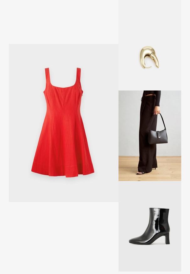 Crvena lanena haljina bez rukava s kvadratnim izrezom, prilagođenim korzetom i raširenom suknjom. Glatka tekstura, minimalistički dizajn i bez vidljivih detalja.; Crne lakirane kožne gležnjače s šiljastim prstom i srednje visokom blok petom. Glatka tekstura i minimalistički dizajn.; Crna torba s oblikom koji sadrži strukturu, glađu teksturu i metalnu kopču. Uparena s širokim crnim hlačama i sandalama na otvorenom s drvenog poda.; Zlatne metalne naušnice s elegantnim, zakrivljenim dizajnom. Imaju karakterističan šiljast oblik, poliranu površinu i zatvaranje na šarku.