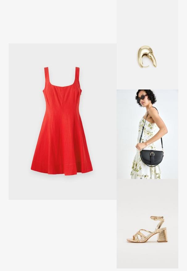 Rotes Leinen-Ärmelkleid mit quadratischem Ausschnitt, tailliertem Oberteil und ausgestellt Rock. Glatte Textur, minimalistisches Design und keine sichtbaren Details.; Goldfarbene, metallisch glänzende Sandalen mit Absatz, die über ein verführerisches Riemen-Design, einen quadratischen Blockabsatz und einen verstellbaren Knöchelriemen mit Schnalle verfügen. Glatte Textur.; Schwarze Lederhandtasche mit geschwungener Form, abnehmbarem Tragegurt und goldenen Beschlägen. Die Tasche verfügt über einen Deckel mit einer Schnallen-Details.; Ohrringe aus goldfarbenem Metall mit einem schlanken, geschwungenen Design. Sie verfügen über eine markante, spitze Form, eine polierte Oberfläche und einen Scharnierverschluss.