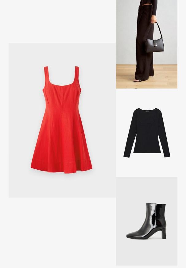Crvena lanena haljina bez rukava s kvadratnim izrezom, prilagođenim korzetom i raširenom suknjom. Glatka tekstura, minimalistički dizajn i bez vidljivih detalja.; Crna majica dugih rukava s rebrastim uzorkom, koja ima kvadratni izrez i prilagođeni oblik. Sadrži oznaku "ANNA FIELD."; Crne lakirane kožne gležnjače s šiljastim prstom i srednje visokom blok petom. Glatka tekstura i minimalistički dizajn.; Crna torba s oblikom koji sadrži strukturu, glađu teksturu i metalnu kopču. Uparena s širokim crnim hlačama i sandalama na otvorenom s drvenog poda.