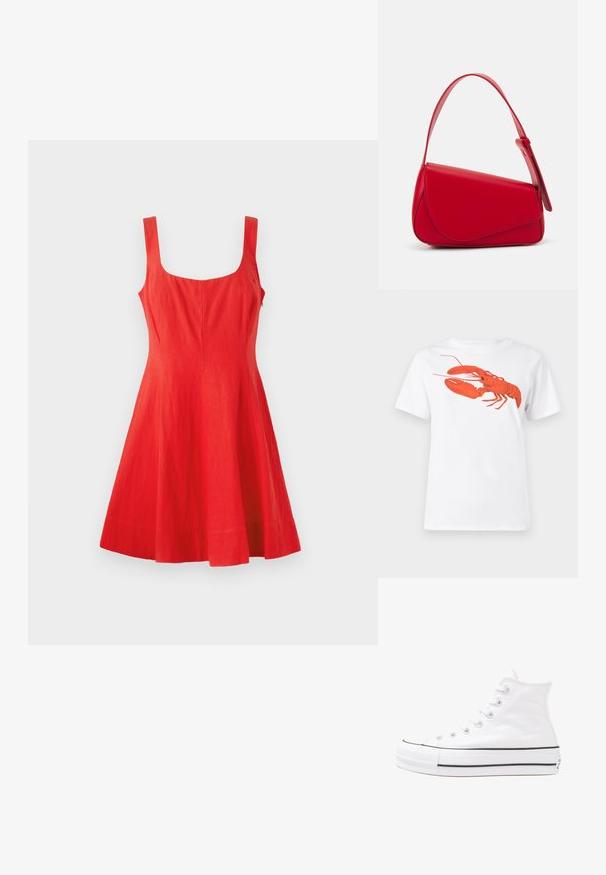 Rotes Leinen-Ärmelkleid mit quadratischem Ausschnitt, tailliertem Oberteil und ausgestellt Rock. Glatte Textur, minimalistisches Design und keine sichtbaren Details.; Weißes Baumwoll-T-Shirt mit einem großen, leuchtend roten Hummer-Design auf der Vorderseite. Mit kurzen Ärmeln und klassischem Rundhalsausschnitt.; Weiße hochwertige Leinensneaker mit schwarzer Gummisohle, vorderem Gummizehenschutz und sechs Ösen für Schnürsenkel, die ein sauberes, minimalistisches Design aufweisen.; Rote Lederhandtasche mit einem kantigen, geometrischen Design. Verfügt über einen verstellbaren Schulterriemen und einen Klappenverschluss mit genähten Details.