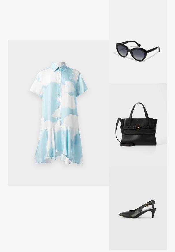 Šaty s krátkym rukávom a golierom v svetlomodrej farbe s bielym vzorom oblakov, so zapínaním na gombíky a rozšíreným lemom pre plynulý siluetu.; Čierne kožené slingback lodičky s špicatou špičkou, malým opätkom a prackou na členkovom remienku. Hladká textura, minimalistický dizajn.; Čierne slnečné okuliare v tvare mačacích očí, s gradientovými sklami a textúrovanými čiernymi detailami na stranoch. Hladký plastový rám.; Čierna kožená kabelka so štruktúrovaným dizajnom, dvojitými hornými uchami, odnímateľným popruhom a zlatým prackovým akcentom na horizontálnej páske.
