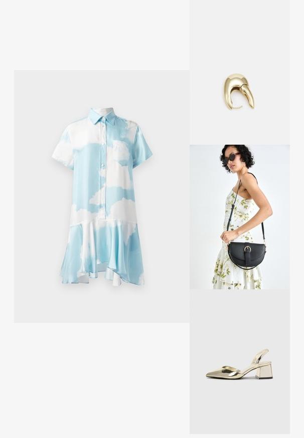Kratkoročna obleka s kragnico v svetlo modri barvi z belimi oblaki, z gumbom za zapiranje in širšim robom za tekoč silhueto.; Zlati, kovinski slingback čeveljci z ostrim nosom in masivnim peto. Gladka tekstura, minimalistična zasnova in ozka zanka.; Črna usnjena torbica s ukrivljeno obliko, z odstranljivo naramnico in zlatimi dodatki. Torbica ima pokrov s podrobnostmi v obliki zaponke.; Uhane nakit iz zlatastega tona z gladko, ukrivljeno zasnovo. Ima edinstveno koničasto obliko, polirano površino in zaponko s tečajem.
