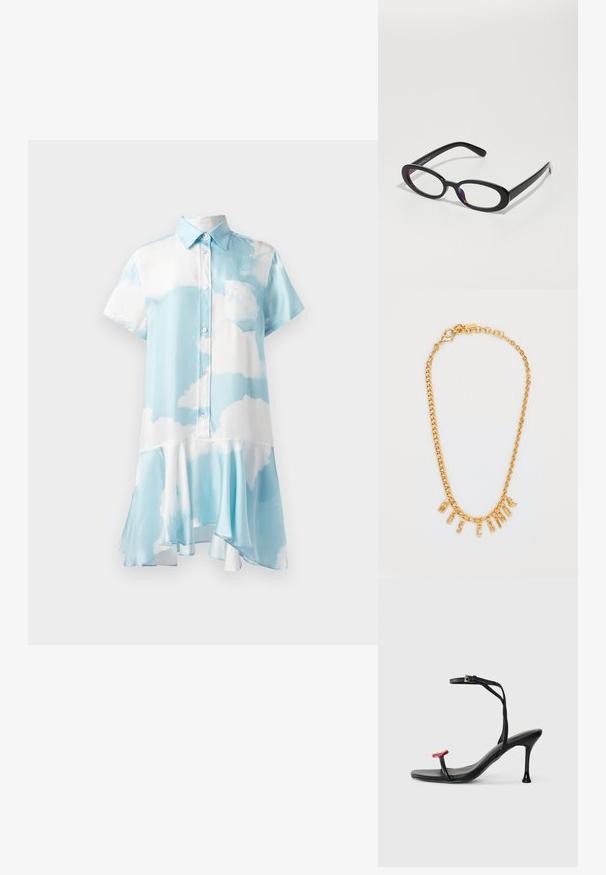 Abito a maniche corte con colletto di colore azzurro chiaro, decorato con un motivo di nuvole bianche. Presenta una chiusura con bottoni e un orlo svasato per una silhouette fluida.; Sandalo nero con tacco alto, cinturino sottile alla caviglia e un accento rosso sulla punta. Presenta un design elegante e una finitura lucida con tacco a spillo.; Occhiali ovali neri con lenti trasparenti, caratterizzati da una finitura liscia e tempie larghe. Le lenti presentano una leggera sfumatura viola. Logo sul lato.; Collana in oro con pendente a lettere che spellano "MOSCATO". Texture liscia con chiusura a gancio e maglie di dimensioni variabili.