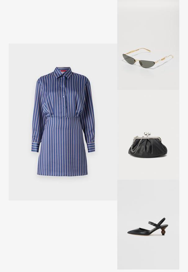 Kék és krém csíkos ingruha, galléros nyakkal, gombos elülső résszel és hosszú ujjakkal, melynek karcsú derékrésze és sima textúrája van.; Fekete bőr szandálcipő hegyes orral, íves kialakítással és kerek, fára hasonlító sarokkal. Keskeny bokapánttal rendelkezik.; Arany keretes napszemüveg sötétszürke lencsékkel. Egyedi macskaszem forma. A szárakon váltakozó arany gyöngyök és gyöngy díszek találhatók.; Fekete bőr táska ráncolt textúrával, ezüst színű fémszerkezettel, csattal záródó fedéllel és láncos pánttal. Simító, puha felület.