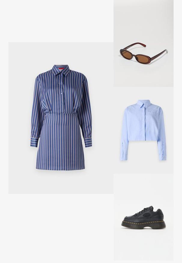Abito a righe blu e crema con colletto, chiusura a bottoni e maniche lunghe, caratterizzato da una vita aderente e una texture liscia.; Camicia azzurro chiaro tagliata con righe bianche verticali, chiusura con bottoni frontale, colletto e una tasca sul petto. Presenta maniche lunghe con polsini abbottonati.; Sneaker in pelle nera con finitura texturizzata, punta rotonda e suola piatta spessa. Presenta cuciture di accento giallo e logo laterale del marchio.; Occhiali da sole rotondi con tonalità marrone, montatura lucida color bordeaux. Aste sottili con un sottile dettaglio del marchio. Design delle lenti piatte.