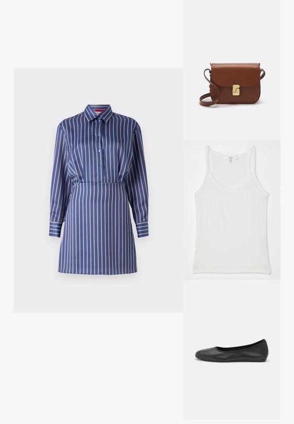 Rochie cămașă cu dungi albastre și crem, guler cu gât, închidere cu nasturi pe față și mâneci lungi, având o talie ajustată și o textură netedă.; Top alb fără mâneci, fabricat dintr-un material moale, cu textură ribbed; are bretele subțiri și un decolteu rotund, eticheta spune "FRAME."; Balerini din piele neagră, cu vârf rotund, textură netedă, detalii de cusătură minimale și un design al tălpii flexibil.; Geantă de piele maro cu închidere tip capac, accesorii de culoare aurie, curea de umăr și o textură netedă. Formă compactă și rectangulară.