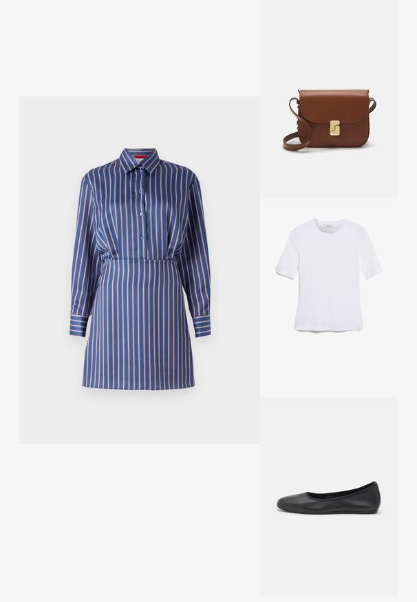 Mėlyna ir kreminė dryžuota suknelė marškiniais su apykakle, mygtukų uždarymu ir ilgomis rankovėmis, turinti prigludusią liemenį ir sklandžią tekstūrą.; Balta trumpa rankovėmis marškinėliai, pagaminti iš pasiruošusio audinio. Apvali iškirptė, reguliari tinkamumas ir subtilūs siuvimo detalės. Be raštų ar grafikos.; Juodai odiniai baletai su apvaliu pirštu, lygi texture, minimalus siuvimo detales ir lanksčiu padų dizainu.; Ruda odinė rankinė su uždaromu dangteliu, aukso spalvos detalėmis, petneša ir lygiu paviršiumi. Kompaktiška stačiakampio formos.