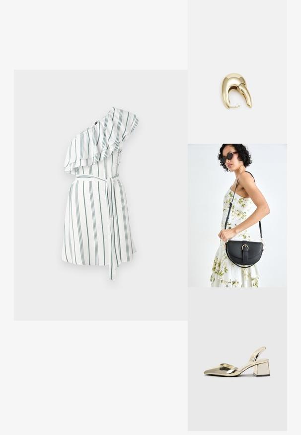 Enosna obleka z enojnim ramenom in volanastim ovratnikom, bela tkanina z zelenimi navpičnimi črtami, pas z žepom, dolžina do kolen.; Zlati, kovinski slingback čeveljci z ostrim nosom in masivnim peto. Gladka tekstura, minimalistična zasnova in ozka zanka.; Črna usnjena torbica s ukrivljeno obliko, z odstranljivo naramnico in zlatimi dodatki. Torbica ima pokrov s podrobnostmi v obliki zaponke.; Uhane nakit iz zlatastega tona z gladko, ukrivljeno zasnovo. Ima edinstveno koničasto obliko, polirano površino in zaponko s tečajem.