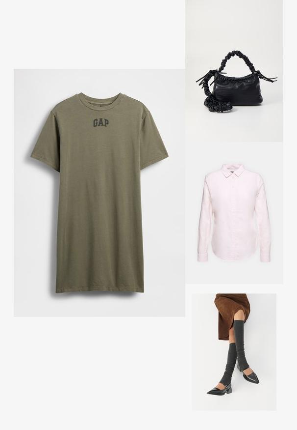 Olivzaļš kokvilnas t-krekls ar īsām piedurknēm, apaļu apkakli un centrēti melnu "GAP" logotipu krūtīs. Vienkāršs dizains, viendabīga krāsa.; Gai rozā garām piedurknēm krekls ar pogājamu apkakli, ar taisnu apakšmalu un mīkstu tekstūru, izgatavots no viegla kokvilnas auduma.; Melnas laka ādas apavi ar norādītu purngalu, blokveida papēdi un potīšu jostu, saskaņoti ar pelēkām ribotām kāju sildītājām un brūnu zamšādas svārku.; Melnā mākslīgās ādas rokassoma ar krokodila rakstu, savilkta augšdaļa un saburzīta siksna. Izskatās mīksta un kompakta pēc dizaina.