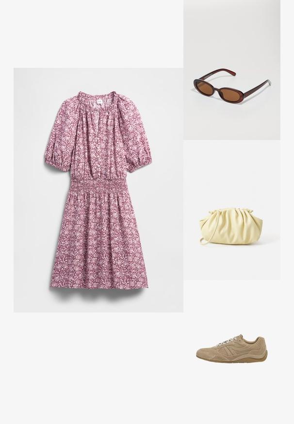 Rózsaszín és fehér árnyalatú virágos ruha, húzott derékrésszel, lufiujjakkal, gombos elölrészével és puha anyag textúrával.; Beige suéd sneaker, alacsony profillal, texturált felszínnel és fehér cipőfűzőkkel. Ívelt dizájnnal és gumi talppal a jó tapadás érdekében.; Kerek, barna árnyalatú napszemüveg fényes burgundi kerettel. Karcsú karok diszkrét márkázással. Lapos lencse kialakítás.; Sárga redőzött kézitáska sima műbőrből, puha formával, egy vállpánttal és ráncolt felső kialakítással.
