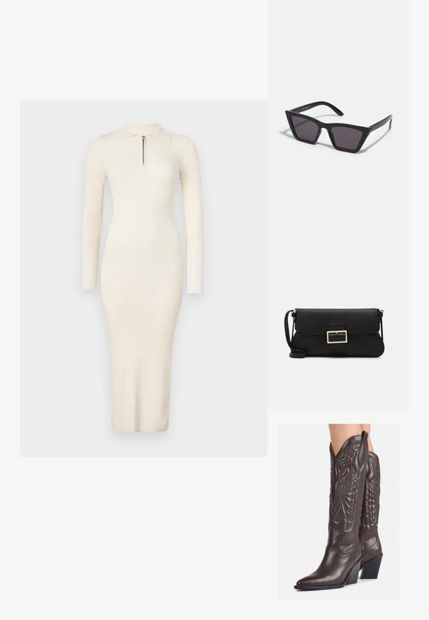 Ráncos, hosszú ujjú krémszínű ruha polo gallérral és elülső cipzárral; testhez simító, midi hosszúságú. Puha, rugalmas szövet.; Barna bőr cowboy csizmák hegyes orral és blokk sarkal, részletes varrással és kiemelkedő díszítésekkel a szárán.; Fekete, szögletes napszemüveg szürke lencsékkel; műanyagból készült, vastag karokkal, sima felülettel és látható hardver nélkül.; Fekete bőr kézitáska hajtóka részlettel és aranyszínű fém csattal. Tartalmaz egy fekete pántot és egy letisztult, minimális dizájnt.