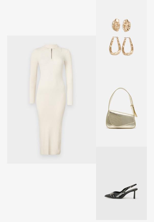 Rebrasta, dolga obleka v kremni barvi s polo ovratnikom in sprednjim zadrgo; prilegajoča se silhueta z midi dolžino. Mehka, raztegljiva tkanina.; Črne patentne usnjene sandale s koničastim nosom, zankami okoli gležnja s srebrnimi sponkami in opremo ter vitkimi petami.; Zlata metalna torbica z urejenim dizajnom, gladko teksturo in nastavljivim trakom. Ima edinstveno trikotno obliko in minimalistično šivanje.; Zlato obarvani uhani z teksturiranimi, valovitimi oblikami. Vključujejo skulpturalne sponke za ušesa in odprto obliko obročka s kladivastim finišem.
