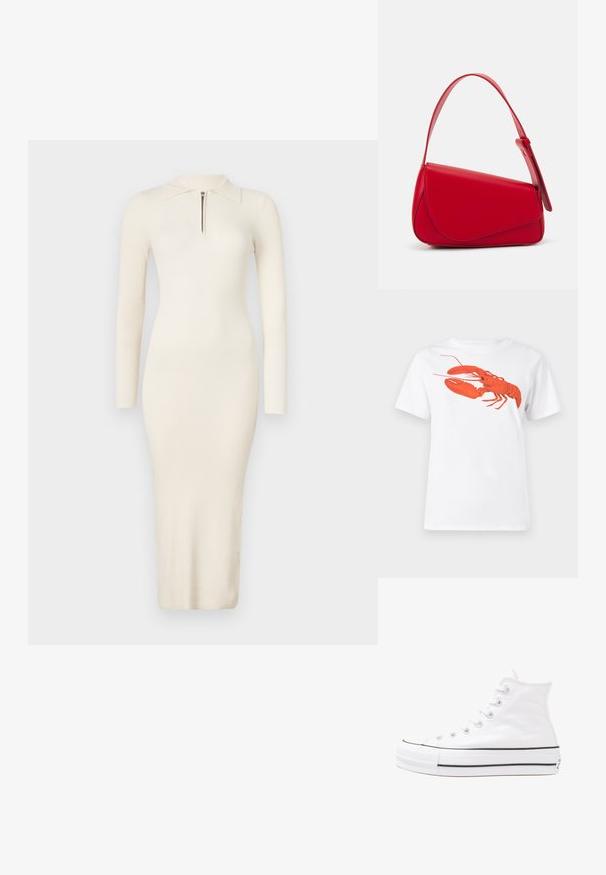 Vestido creme de manga longa com nervuras, colarinho polo e fecho éclair frontal; silhueta ajustada com comprimento midi. Tecido suave e elástico.; Camiseta de algodão branca com um grande gráfico de lagosta vermelha brilhante na frente. Mangas curtas e design de gola redonda padrão.; Sapatilha alta de tela branca com sola de borracha preta, bico de borracha na frente e seis ilhós para os atacadores, apresentando um design limpo e minimalista.; Bolsa de mão em couro vermelho com um design angular e geométrico. Apresenta uma única alça ajustável e um fecho com aba, com detalhes cosidos.