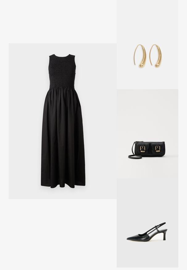 Sorte ermeløs kjole med smokkebodice, flytende skjørt og full lengde. Laget av lett stoff med en teksturert overflate.; Sorte patent slingback hæl med spids tå, featuring tekstureret slangeskind, justerbar rem og en kort, tekstureret blokhæl.; Svart skinn crossbody veske med to frontlommer, gyldne spenner, glidelåslukking og en slank stropp. Teksturert overflate og kompakt rektangulær form.; Gullfargede metalløredobber med en buet, forlenget form. Har en jevn, blank overflate og en avrundet tupp for ekstra detaljer.