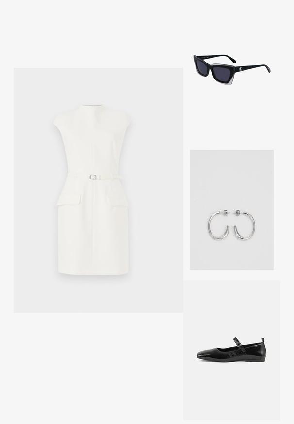Valge ilma varrukateta kleit, millel on kõrge kaelus, esipadi, kaks esist pockets ja keha lähedane siluett. Valmistatud sujuvast, struktureeritud kangast.; Mustmust musta nahk king, millel on terav nina, pahkluu rihm koos pandlaga ja sile, läikiv tekstuur. Madal konts mugavuse tagamiseks.; Mustad suured mustad prillid geomeetrilise kujuga, tumedate läätsedega ja kontrastse halli detailiga raamidel. Logo käe peal.; Hõbedased rõngaskõrvarõngad, millel on sile ja läikiv pind. Ümar kuju, kerge disain, millel on post-tagumise kinnituse süsteem.
