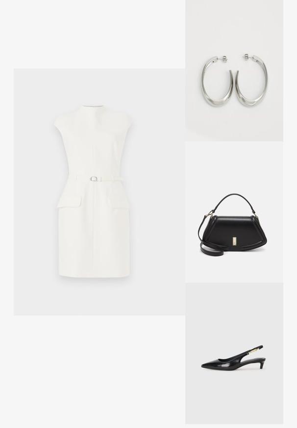 Robe blanche sans manches avec un col montant, une ceinture à l'avant, deux poches avant et une silhouette ajustée. Fabriquée dans un tissu lisse et structuré.; Talons hauts en cuir noir avec un bout pointu, dotés d'un talon fin et d'un accent en ton or sur la lanière réglable. Texture lisse.; Sac à main en cuir noir avec un design structuré, featuring une forme cropped, une poignée supérieure et des accents en matériel doré. Bandoulière réglable incluse.; Boucles d'oreilles en argent avec un design lisse et courbé. Présentent une finition métallique brillante et une fermeture à clou. Pas de motifs ou d'accents visibles.