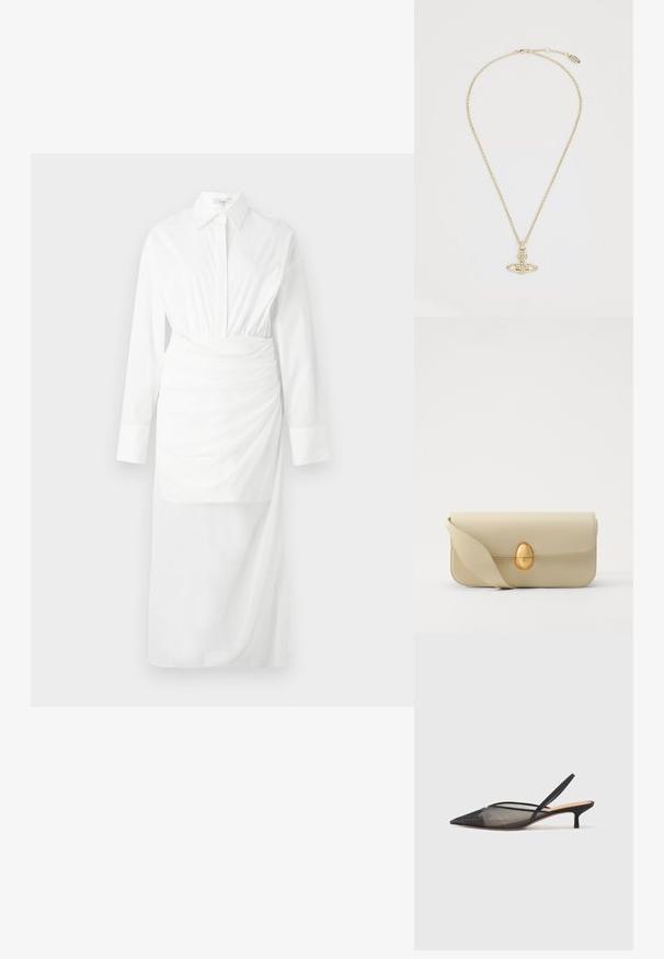 Et Ochs HADLEY SHIRT DRESS - Marškininė suknelė - ivory; NEOUS IRENA - Klasikiniai aukštakulniai - black; Bežinė odinė rankinė su lygiu paviršiumi, stačiakampio formos ir auksiniu ovaliu užsegimu. Yra ilga, reguliuojama petneša.; Vivienne Westwood MAYFAIR BAS RELIEF PENDANT - Grandinėlė - gold-coloured