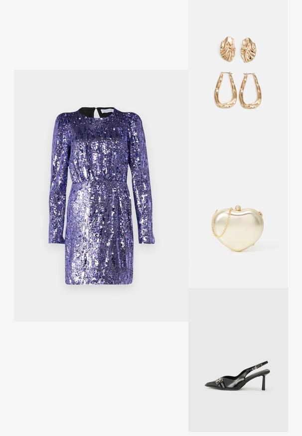 Violetinis blizgučiais puoštas suknelė su ilgomis rankovėmis, apvaliu iškirpimu ir rakto skylutės detalėmis nugaroje. Prigludusi juosmens dalis akcentuoja siluetą. Blizgus, tekstūruotas audinys.; Juodas lakuotas odinis batelis su smailiu pirštu, kulkšnies dirželiais su sidabrinėmis sagtimis ir detalėmis, bei plonu kulnu.; Auksinė metalinė širdies formos rankinė su grandinine juosta ir perlo užsegimu. Lygi tekstūra, kompaktiškas dizainas, tinkantis mažoms reikmėms.; Auksinės auskarai, turintys tekstūruotus, bangų formos elementus. Įeina skulptūriniai segami auskarai ir atviri lankai su išmuštu paviršiumi.