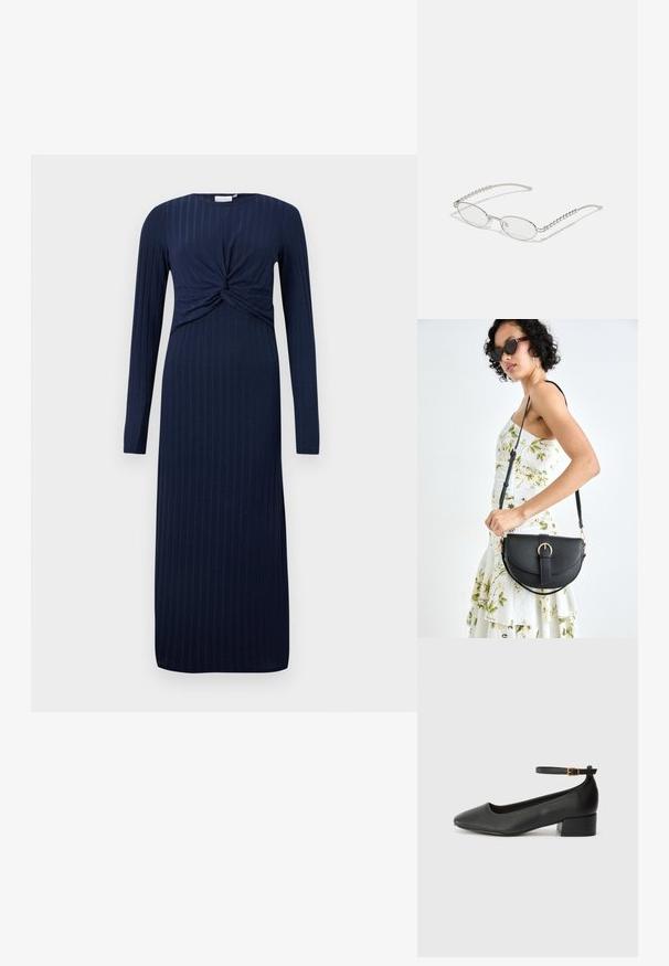 Námořnická modrá dlouhá šaty s detailním zamotaným uzlem vpředu, se žebrovanou strukturou a rovnou siluetou až k podlaze.; Černé kožené lodičky s špičatou špičkou a nízkým blokovým podpatkem. Obsahují pásek kolem kotníku se zlatou sponou. Hladký povrch.; Oválné brýle s metalickým stříbrným rámem, čirými skly a texturovanými korálkovými akcenty na spáncích. Lehce provedení s zakřivenými nohama.; Černá kožená kabelka s křivkovým tvarem, odnímatelným popruhem a zlatými detaily. Kabelka má klopu s přezkou.