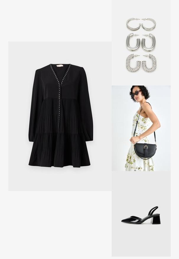 Mustapuku, jossa on V-pääntie, pitkät hihat ja kerrostettu pleatattu hame. Koristeelliset niitit napituksessa. Sileä pinta.; Mustat patentoitu nahkakengät, joissa on säären takaosa ja terävä kärki, sekä geometrinen palikkakorko. Sisältää tyylikkään, minimalistisen muotoilun ja sileän pinnan.; Musta nahkainen käsilaukku, joka on kaareva muotoilultaan, irrotettavalla hihnalla ja kultaisilla yksityiskohdilla. Laukussa on läppä, jossa on solk yksityiskohta.; Neljä paria hopeakorviksia: kaksi kiiltävää, sileää rengasmallia, yksi teksturoitu ja yksi, joka on päällystetty pienillä kirkkailla strasseilla.