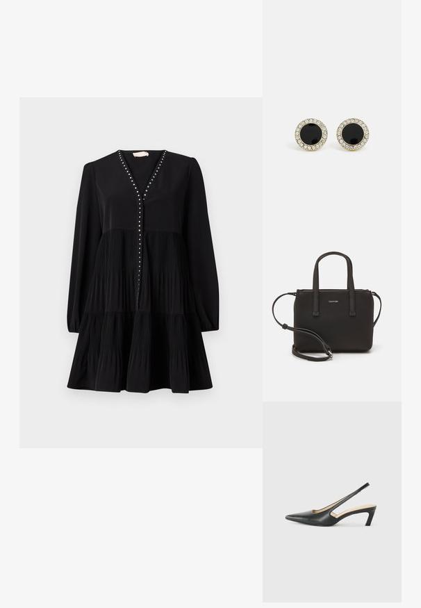 Zwarte jurk met een V-hals, lange mouwen en een gelaagde geplooide rok. Bevat decoratieve studs langs de knopenlijst. Gladde textuur.; Zwarte puntige slingback schoen met een lage hak, gemaakt van soepel leer en voorzien van een uitsnede aan de zijkant voor ventilatie.; Zwarte handtas met dubbele korte handvatten en een afneembare schouderriem. Glad, leerachtig materiaal met een ritssluiting en logo-detail.; DKNY INLAY STUD - Oorbellen - black/gold-coloured