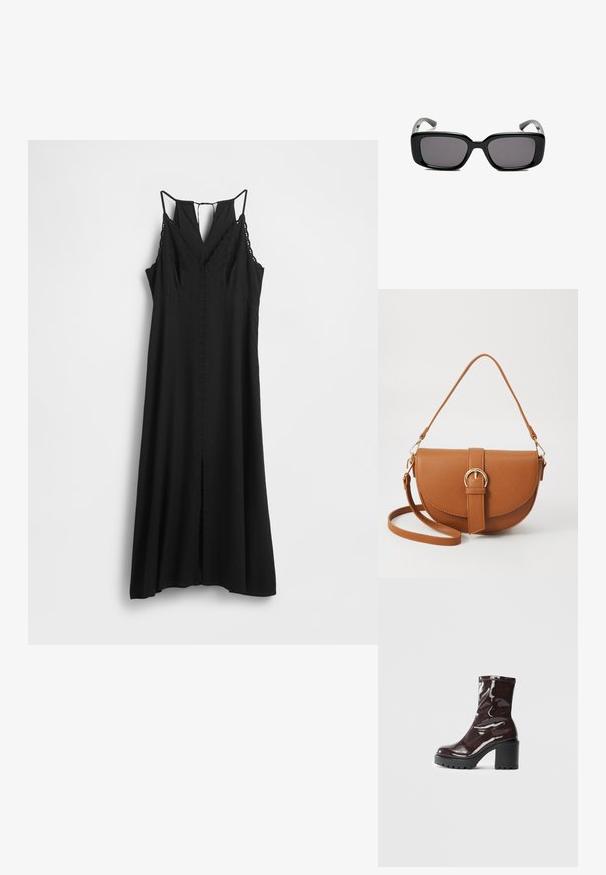 Czarna sukienka bez rękawów z dekoltem w serek, koronkowymi zdobieniami na ramiączkach i rozcięciem z przodu, wykonana z lekkiego materiału.; Błyszczące bordowe botki za kostkę z masywną czarną obcasem, charakteryzujące się gładką teksturą i prostym wzornictwem. Brak widocznych zapięć lub wzorów.; Czarne prostokątne okulary przeciwsłoneczne z ciemnymi soczewkami, gładką plastikową ramką i wygiętymi zausznikami. Projekt jest masywny, o minimalistycznej estetyce.; Brązowa skórzana torba na ramię o zaokrąglonym kształcie, ze złotymi akcentami i zapięciem w formie klamry. Posiada odpinany pasek na ramię.