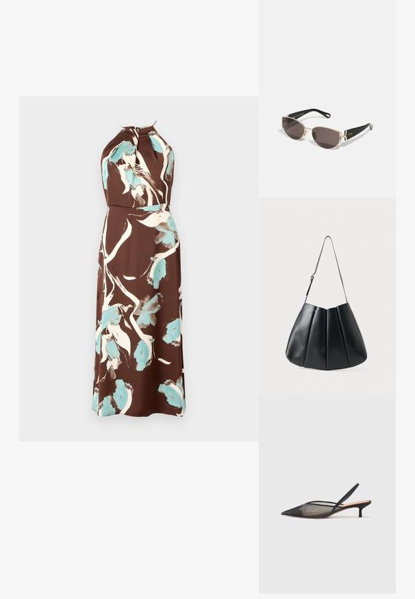 Brown halter neck dress featuring a watercolor floral pattern in cream and light blue, with a fitted waist and flowing skirt.; NEOUS IRENA - Classic heels - black; Black and gold sunglasses with a narrow, oval frame, dark lenses, and decorative hardware at the temples. Lightweight and sleek design.; Black leather shoulder bag with pleated design, smooth texture, single strap, and a subtle gold hardware accent.