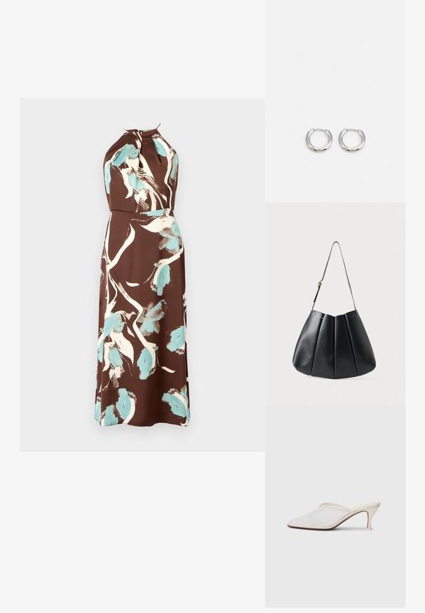 Robe à décolleté halter marron avec un motif floral aquarelle en crème et bleu clair, possédant une taille cintrée et une jupe fluide.; Mule blanches en mesh avec un bout pointu, un talon moyen élancé et un design à enfiler, sur un fond uni.; Sac à épaule en cuir noir avec un design plissé, texture lisse, une seule sangle et un subtil accent en doré.; Boucles d'oreilles en argent à finition polie, présentant une forme circulaire et une fermeture à charnière, mettant en avant un design épuré et minimaliste.