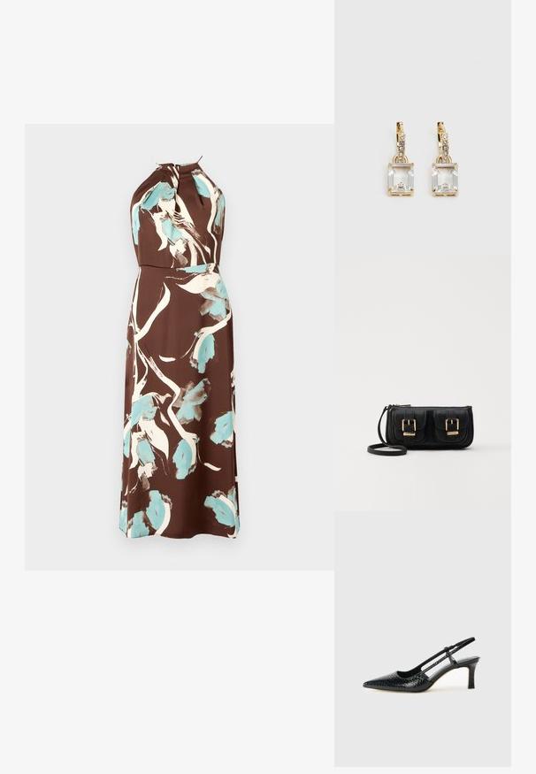 Bruine halternek jurk met een aquarel bloemmotief in roomwit en lichtblauw, met een getailleerde taille en een vloeiende rok.; Zwart patent slingback hak met een spitse neus, voorzien van een gestructureerde slangenprint, verstelbare band en een korte, gestructureerde blokhak.; Zwarte leren schoudertas met twee vo pockets, gouden gespen, ritsluiting en een smalle band. Tekstuur oppervlak en compacte rechthoekige vorm.; Gouden oorbellen met een rechthoekige, heldere kristal die onder een rij kleine, ronde heldere accenten hangt. Strak, modern ontwerp.