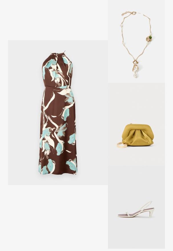 Robe à décolleté halter marron avec un motif floral aquarelle en crème et bleu clair, possédant une taille cintrée et une jupe fluide.; Sandales blanches à talon léger avec des fines lanières et une texture en cuir lisse ; elles sont dotées d'une petite boucle décorative.; Pochette jaune, au toucher doux, avec un haut structuré, une base froncée et une fine sangle détachable. Fermeture zippée en haut.; Collier doré avec des maillons torsadés, perles blanches et une pierre verte en accent. Présente des détails raffinés et un fermoir pour la fermeture.