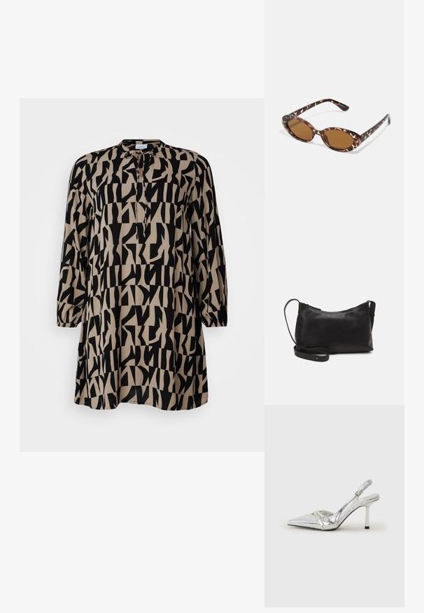 Gara tunika gaiši bež krāsā ar melnu abstraktu ģeometrisku rakstu, apaļa izgriezums, trīs ceturtdaļu piedurknes un brīva piegriezuma. Audums izskatās teksturēts.; Sudraba slingback augstpapēžu kurpe ar norādītu purngalu, metālisku apdari, diviem dekoratīviem siksniņām un plānu papēdi ar melnu galu.; Tortoiseshell saulesbrilles ar ovālu stiklu, brūnganiem toņiem, plāniem rokām ar faktūras rakstu, viegla plastmasas apmale.; Melna ādas plecu soma ar gludu tekstūru, izliekta forma, regulējama siksna un rāvējslēdzēja aizdare. Minimālistisks dizains bez rotājumiem.