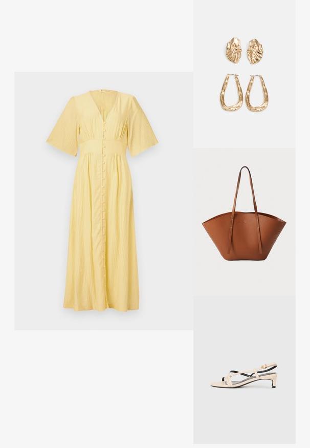 Geltona maksi suknelė su V formos iškirpte, trumpomis varpų formos rankovėmis, priekiniais mygtukais ir tekstūruota medžiaga. Laisvai krenta nuo liemens.; Bežiniai odiniai sandalai su kryžminiais dirželiais, mažu kulnu ir juodais akcentais. Lygi tekstūra ir minimalistinis dizainas.; Ruda odinė rankinė su plačia, struktūrizuota forma, plonomis rankenomis ir tekstūruotu paviršiu. Pasižymi minimalistišku dizainu be matomų detalių.; Auksinės auskarai, turintys tekstūruotus, bangų formos elementus. Įeina skulptūriniai segami auskarai ir atviri lankai su išmuštu paviršiumi.