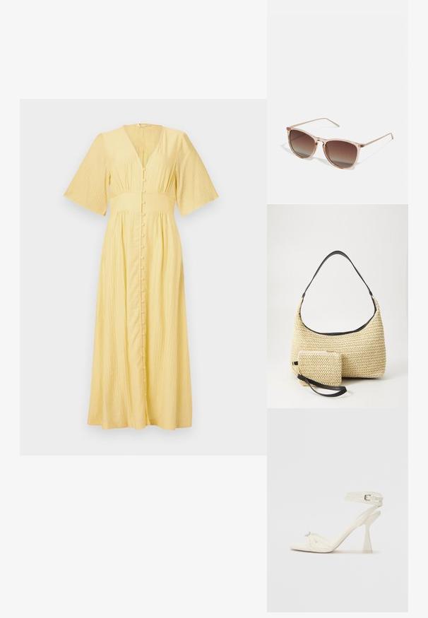 Żółta maxi sukienka z dekoltem w serek, krótkimi rękawami w kształcie dzwonów, z guzikami z przodu i teksturowanym materiałem. Luźno opada od talii.; Białe skórzane sandały na wysokim obcasie z paskami, o smukłym wyglądzie, z przezroczystym słupkiem i ozdobnym elementem na palcach.; Brązowe okulary przeciwsłoneczne w gradientowym kolorze z przezroczystym różowym ramkiem, w kształcie kwadratu, z cienkimi metalowymi zausznikami. Posiadają zaokrąglone krawędzie i minimalne wykończenie.; Woven straw handbag o zaokrąglonym kształcie, z gładkim czarnym skórzanym paskiem oraz dopasowaną małą sakiewką przypiętą na pasku na nadgarstek.