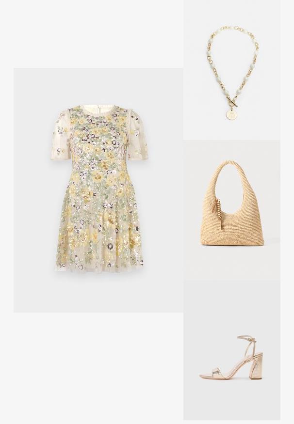 Needle & Thread ELINA ROSE SHORT SLEEVE MINI DRESS - Festklänning - cream; Guldmetalliska högklackade sandaler med ett brett rem över tårna, justerbar vristrem och en texturerad klack i blockstil.; Vävd beige handväska med ett böjt handtag, texturerad yta och en brun franjedetalj. Har en slapp hobo-form.; Guldkedja med vita pärlaccents och en cirkulär berlock med ett präglat logotyp, säkrad med en toggle-lås.