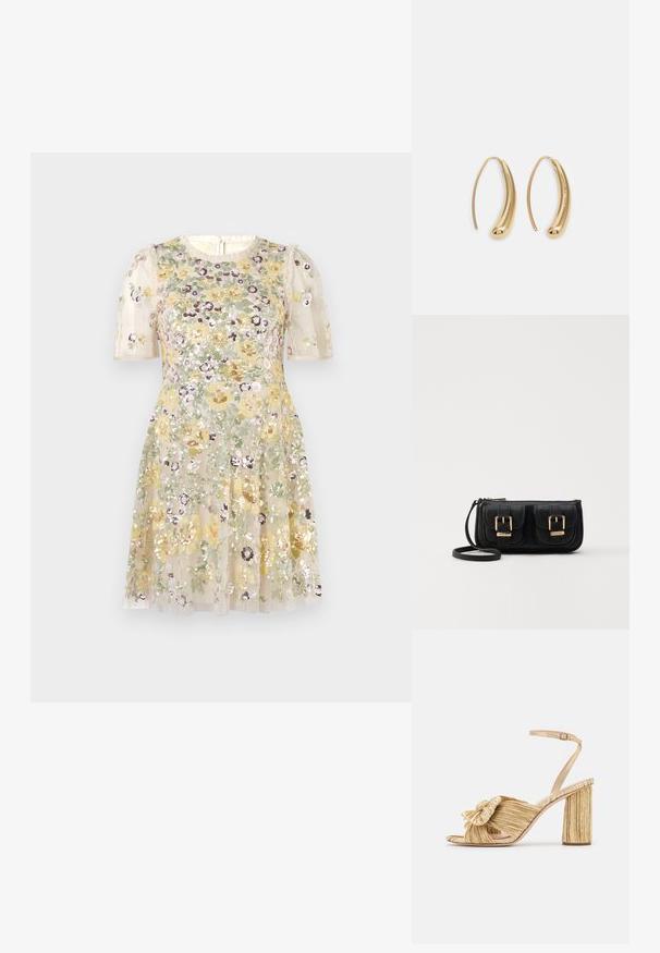 Needle & Thread ELINA ROSE SHORT SLEEVE MINI DRESS - Roupa de cerimónia - cream; Sandálias douradas de salto alto com um nó na frente, textura plissada e tiras no tornozelo. O salto quadrado tem um design estriado, aumentando a aderência.; Bolsa de ombro em couro preto com dois bolsos frontais, fivelas douradas, fecho de zíper e uma alça fina. Superfície texturizada e forma retangular compacta.; Brincos em metal dourado com forma de arco alongado e curvado. Apresentam uma superfície lisa e brilhante, com uma ponta arredondada para um detalhe adicional.