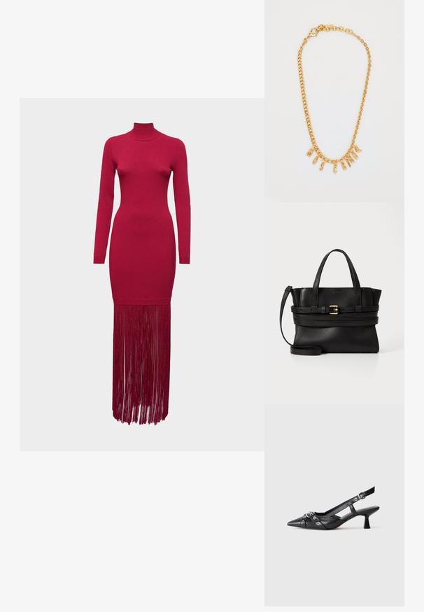 MOSCHINO ABITO - Alkalmi viselet - viola; Fekete bőr slingback cipő hegyes orral, dekoratív pántokkal, fém szemekkel és alacsony blokk sarkú. Texturált felület.; Fekete bőr kézitáska strukturált dizájnnal, párhuzamos felső fogantyúkkal, levehető pánttal és arany csat díszítéssel egy vízszintes sávon.; Arany lánc nyaklánc, amelyen az "MOSCATO" szót formázó fityegők találhatók. Simára csiszolt felület, húzós kapocs és különböző méretű láncszemek.