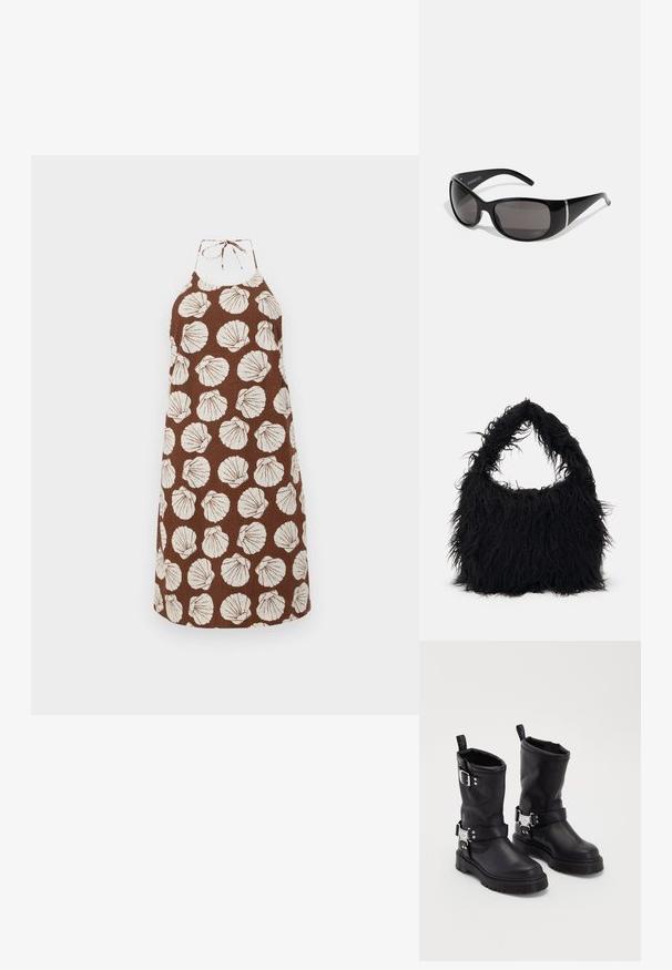 Hnědé šaty na zavazování s bílými mušlovými vzory, vyrobené z texturované látky. Mají zavazování u krku a volný střih.; Černé kožené kotníkové boty se robustní podrážkou, vybavené bočním řemínkem se sponou a dekorativními prvky. Hladký povrch s poutkem.; Černé sluneční brýle s lesklými plastovými rámy, gradientní šedé čočky a stříbrnými akcenty po stranách. Hladký, zakřivený design.; Even&Odd Velká kabelka - black