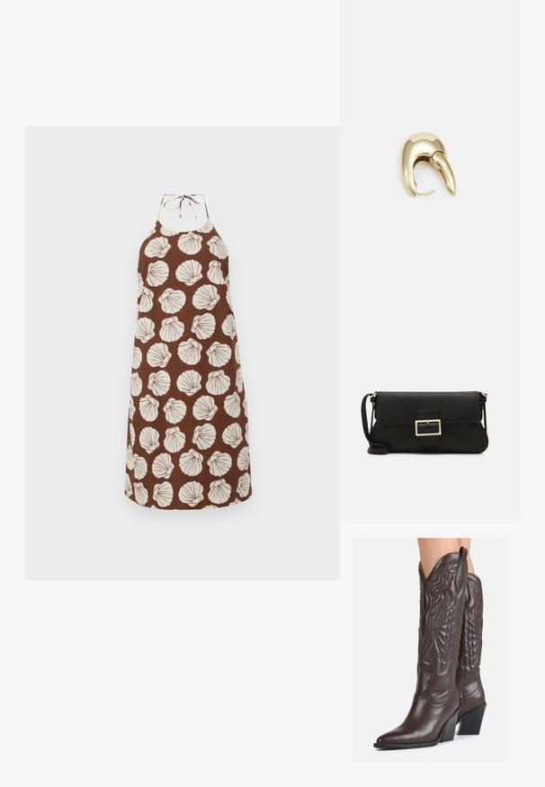 Pruun köitekleit valgete kestamusteritega, valmistatud tekstureeritud kangast. Omab nööriga kaeluse sulgemist ja lõdva istuvust.; Pruunid nahast cowboy saapad terava varbaga ja plokk-kandaga, millel on detailne tikand ja kergelt tõstetud aktsendid varrel.; Must haben musta nahkklahviga kott, millel on klapp ja kuldne metallist pandla detail. Kaasas must rihm ja stiilne, minimalistlik disain.; Kuldtooni metallist kõrvarõngas, millel on elegantne ja kaarjas disain. Omab silmapaistvat teravat kuju, poleeritud pinda ja hingesulgemist.