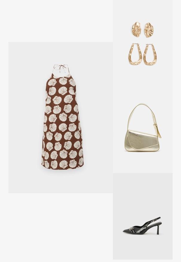Robe halter marron avec des motifs de coquillage blancs, fabriquée en tissu texturé. Elle dispose d'une fermeture à nouer au cou et d'une coupe décontractée.; Chaussure slingback en cuir verni noir avec un embout pointu, des brides de cheville avec des boucles en argent et des éléments en métal, et un talon fin.; Sac à main en métal doré avec un design structuré, texture lisse et bandoulière ajustable. Présente une forme triangulaire unique et des coutures minimalistes.; Boucles d'oreilles dorées présentant des formes texturées et ondulées. Comprend des clips sculpturaux et un design de créoles ouvertes avec une finition martelée.