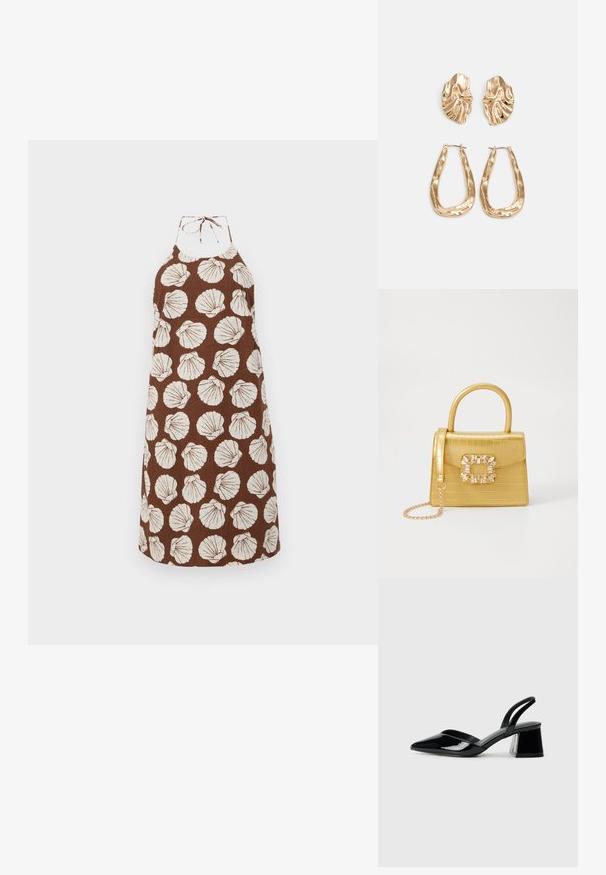 Vestido castanho com padrão de conchas brancas, feito de tecido texturizado. Apresenta um fecho com laço no pescoço e um corte descontraído.; Sandy em verniz preto com salto slingback, ponta afilada e salto geométrico. Apresenta um design elegante e minimalista com textura suave.; Bolsa amarela em pele de crocodilo falsa, com um design estruturado, pega no topo, alça de corrente removível e decoração de cristal no fecho.; Brincos em tom de ouro com formas onduladas e texturizadas. Inclui studs escultóricos com presilha e um design de argola aberta com um acabamento martelado.